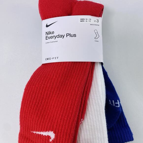 Nike Everyday Plus Dri-FIT Crew Socks 3 Pairs Red White Blue Large Sizes 8-13 - Picture 2 of 11